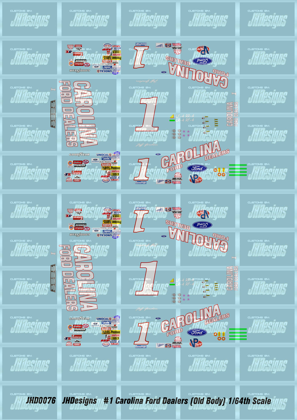JH Designs Jeff Gordon 1991 NBS #1 Carolina Ford Dealers (Old Body) 1:64 Racecar Decal Set