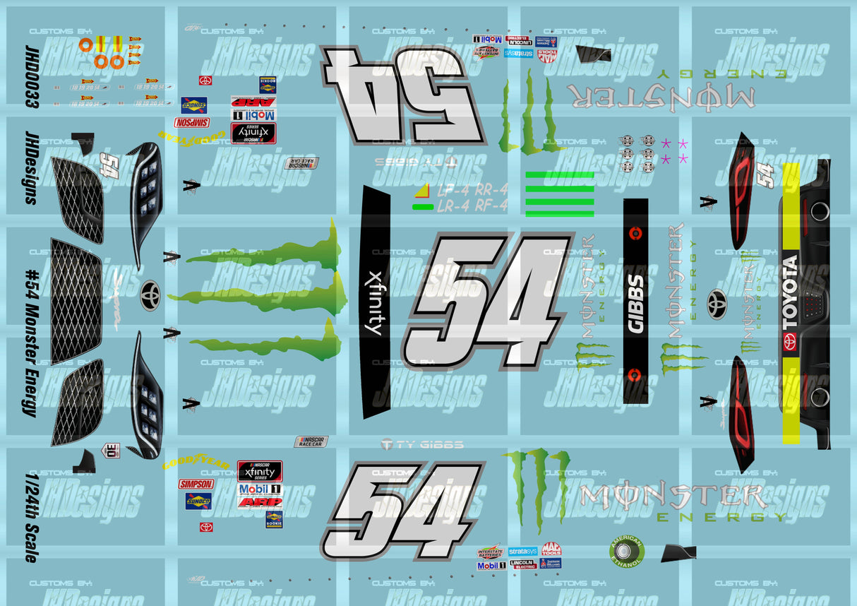 JH Designs Ty Gibbs 2021 NXS #54 Monster Energy 1:24 Racecar Decal Set