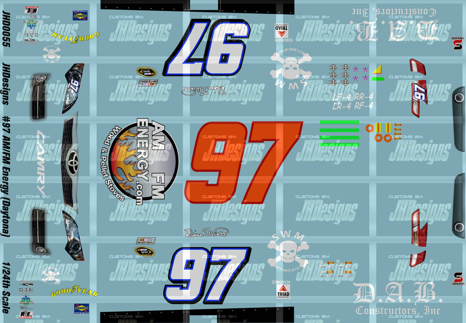 JH Designs Bill Elliott 2012 CUP #97 Am Fm Energy (Daytona Speedweeks) 1:24 Racecar Decal Set