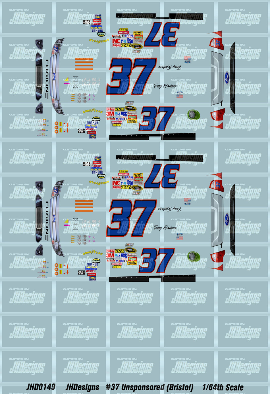 JH Designs Tony Raines 2011 CUP #37 Unsponsored (Bristol) 1:64 Racecar Decal Set