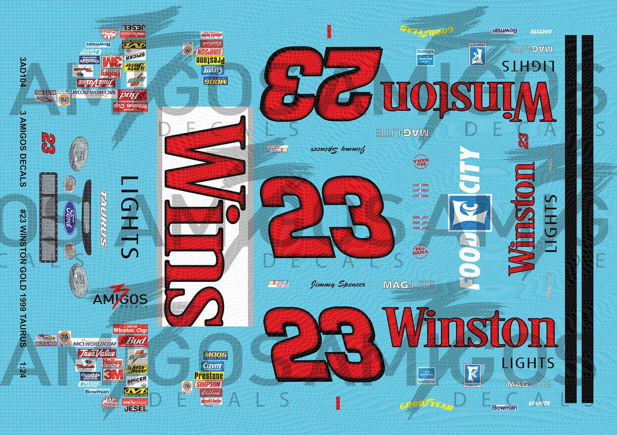 3 Amigos Decals Winston Gold #23 1999 Taurus Racecar Decal Set 1:24