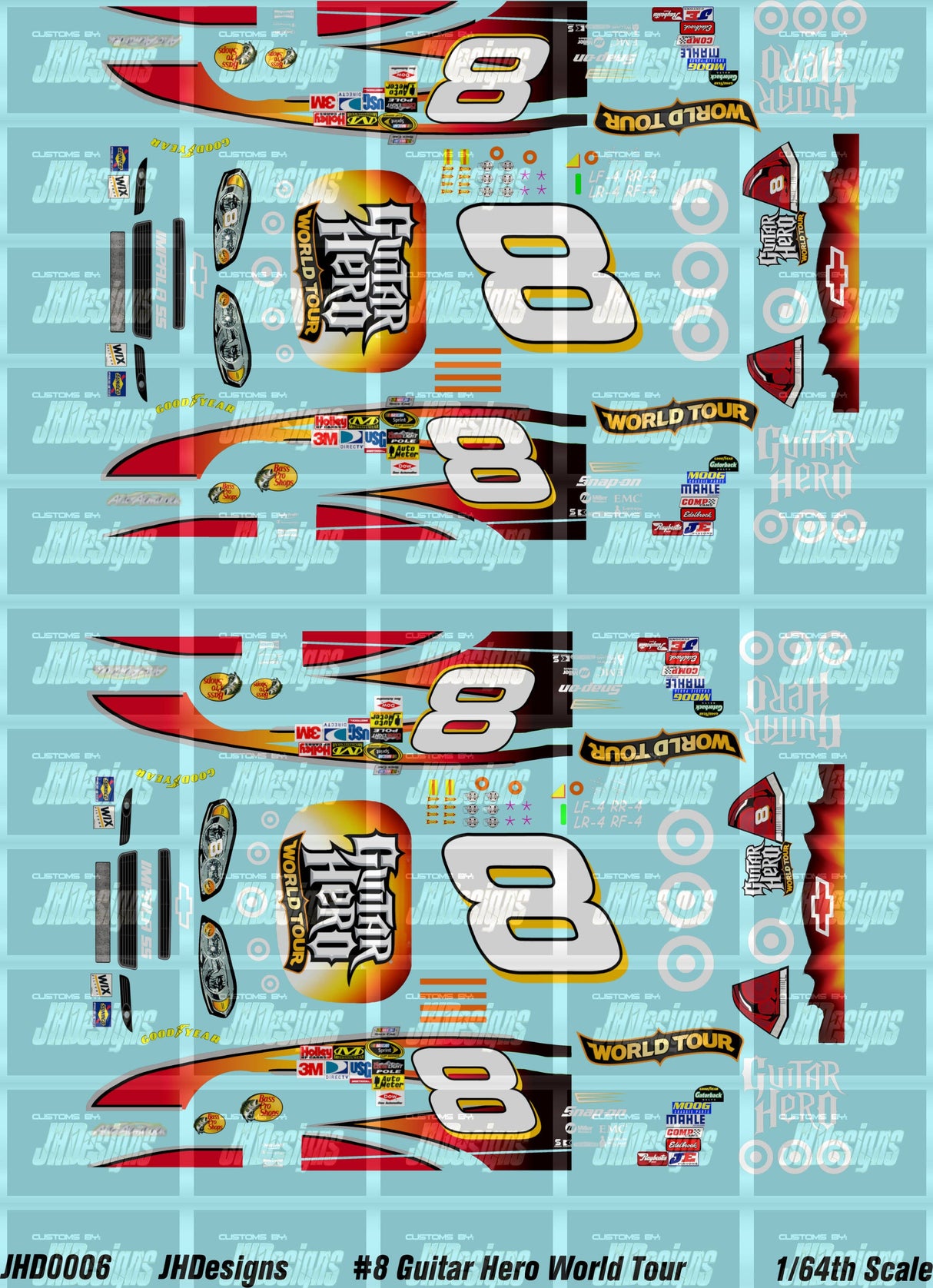 JH Designs Aric Almirola 2009 CUP #8 Guitar Hero World Tour 1:64 Racecar Decal Set