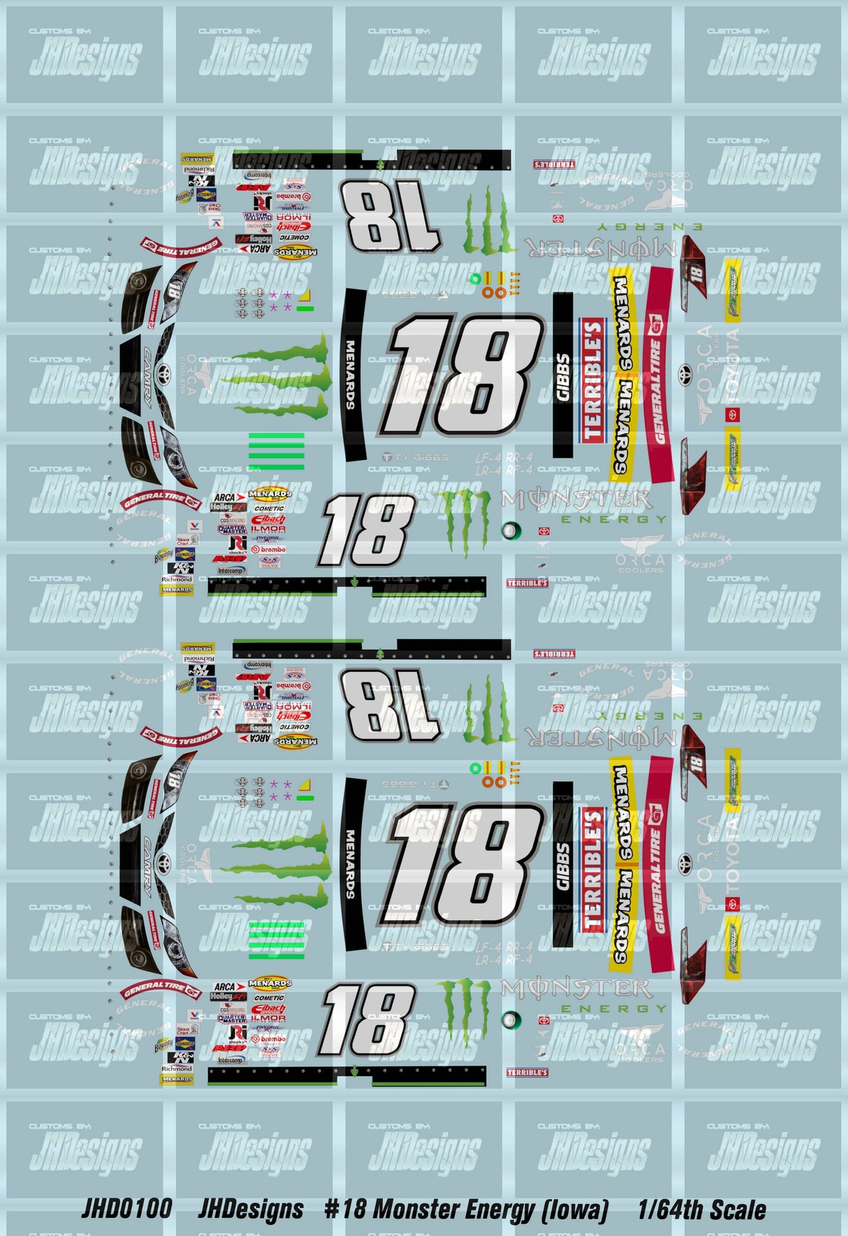 JH Designs Ty Gibbs 2020 ARCA #18 Monster Energy (Iowa Race Win) 1:64 Racecar Decal Set