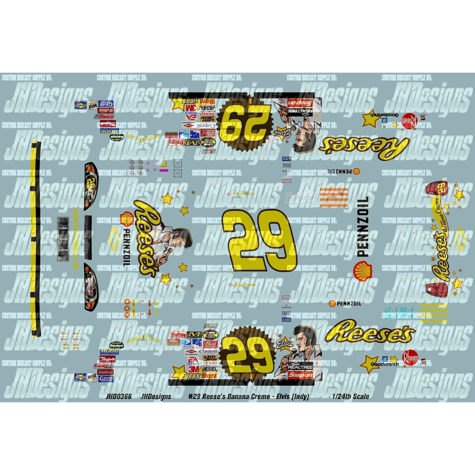 JH Designs Kevin Harvick 2007 CUP #29 Reese's Banana Cream - Elvis (Indy) 1:24 Racecar Decal Set