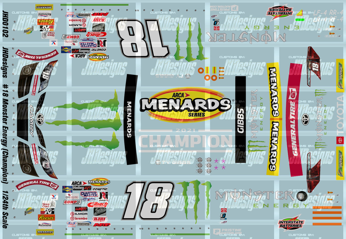 JH Designs Ty Gibbs 2021 ARCA #18 Monster Energy (ARCA Champion) 1:24 Racecar Decal Set