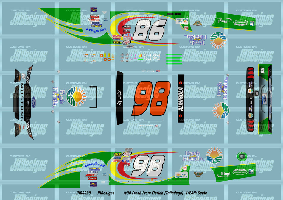 JH Designs Aric Almirola 2017 NXS #98 Fresh From Florida 1:24 Racecar Decal Set