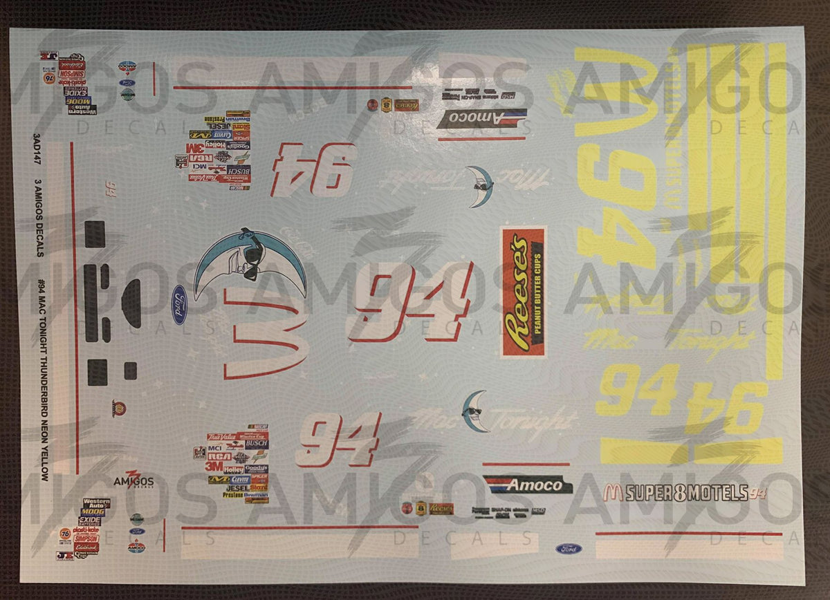 3 Amigos Decals #94 Mac Tonight 1997 Thunderbird 1/24 NEON Yellow Deca ...