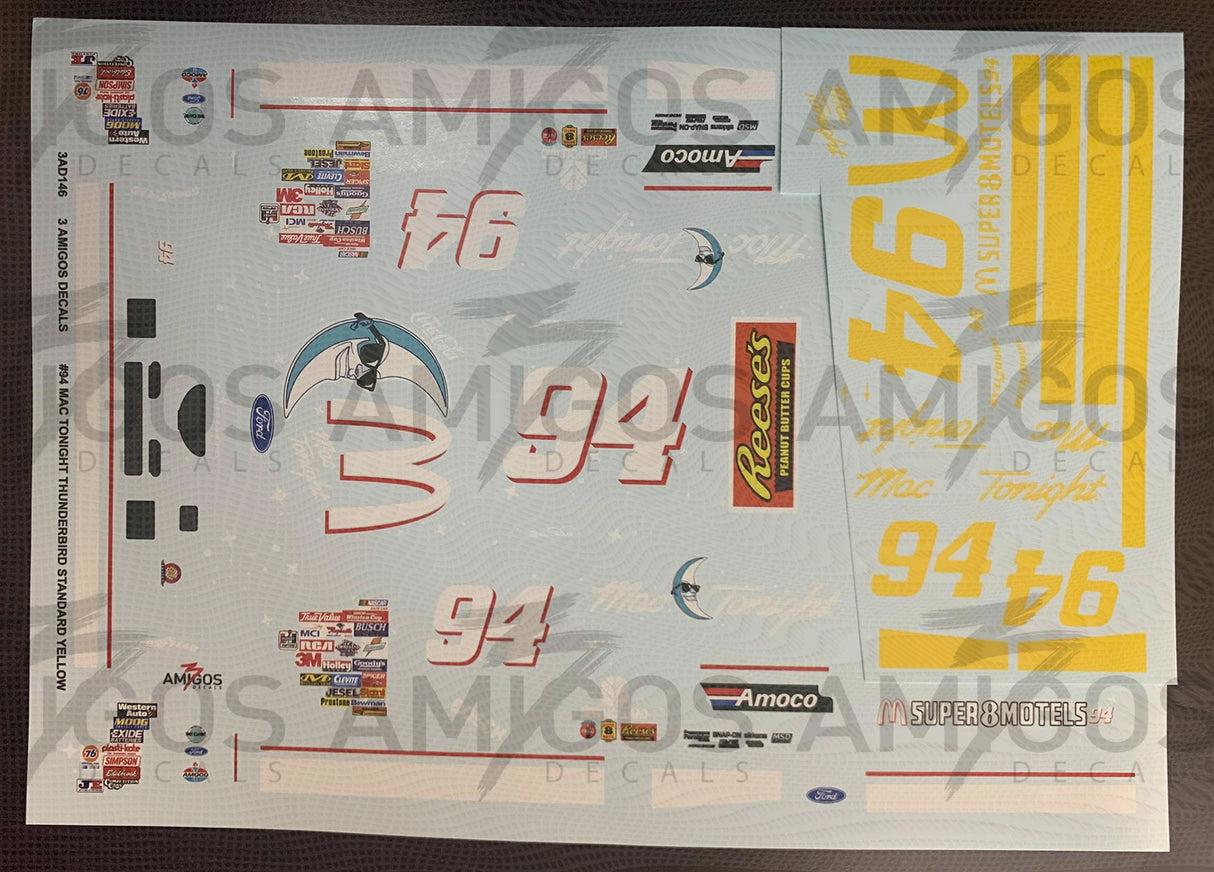 3 Amigos Decals #94 Mac Tonight 1997 Thunderbird 1/24 Standard Yellow Decal Set - 2