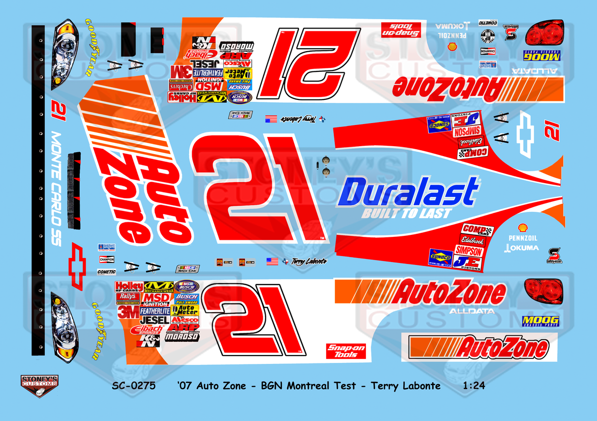 Stoney's Customs 2007 #21 Auto Zone - BGN Montreal Test - Terry Labonte 1:24 Decal Set