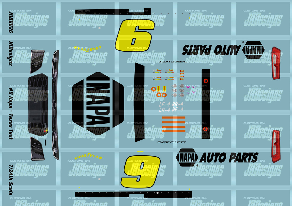 JH Designs Chase Elliott 2018 CUP #9 Napa Auto Parts (Texas Tire Test Scheme) 1:24 Racecar Decal Set