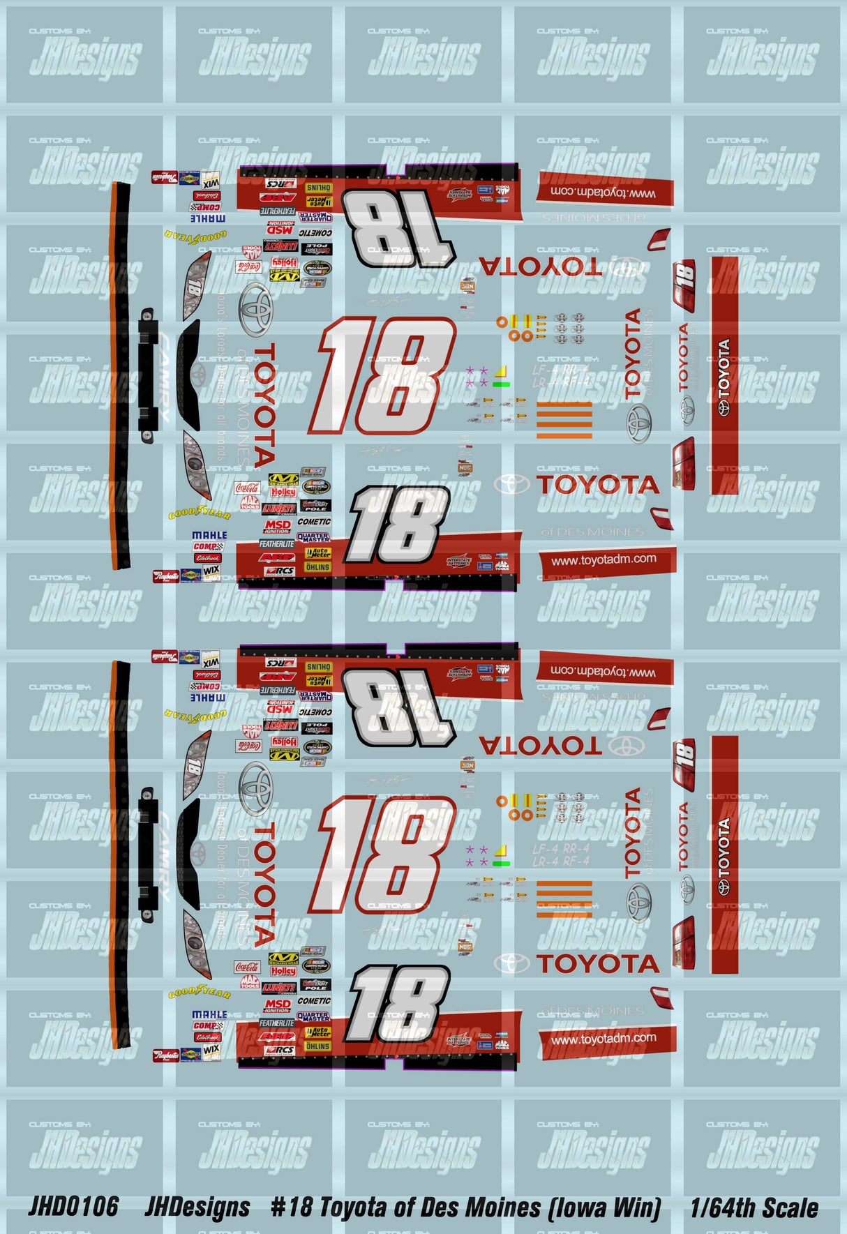 JH Designs Kyle Busch 2008 CWE #18 Toyota of Des Moines (Iowa Win) 1:64 Racecar Decal Set