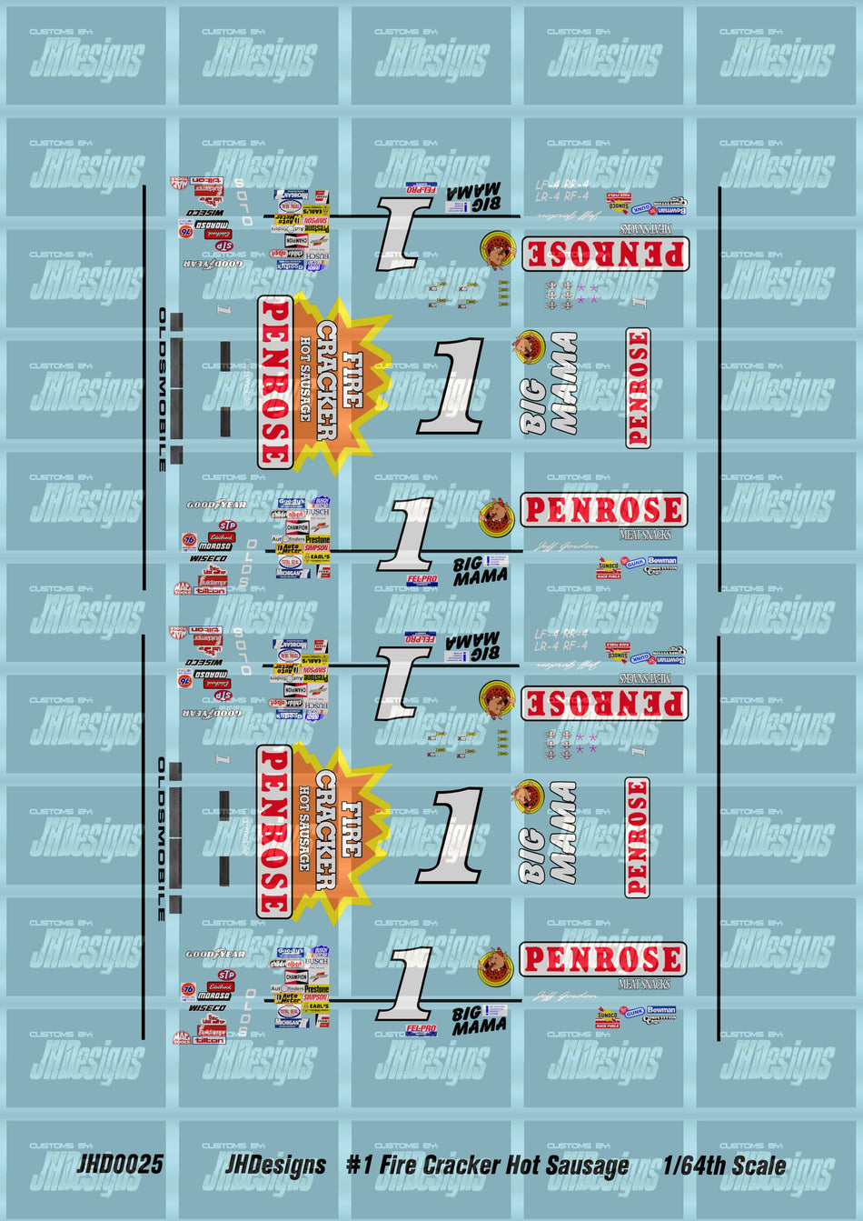 JH Designs Jeff Gordon 1991 NBS #1 Penrose Firecracker Sausages 1:64 Racecar Decal Set