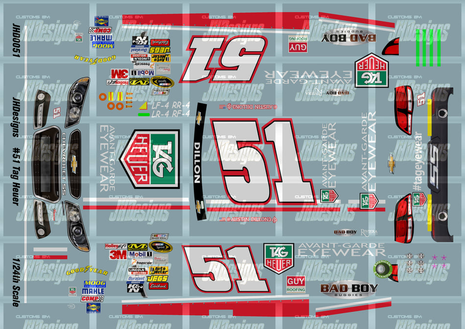 JH Designs Austin Dillon 2013 CUP #51 Tag Heuer Eyewear 1:24 Racecar Decal Set