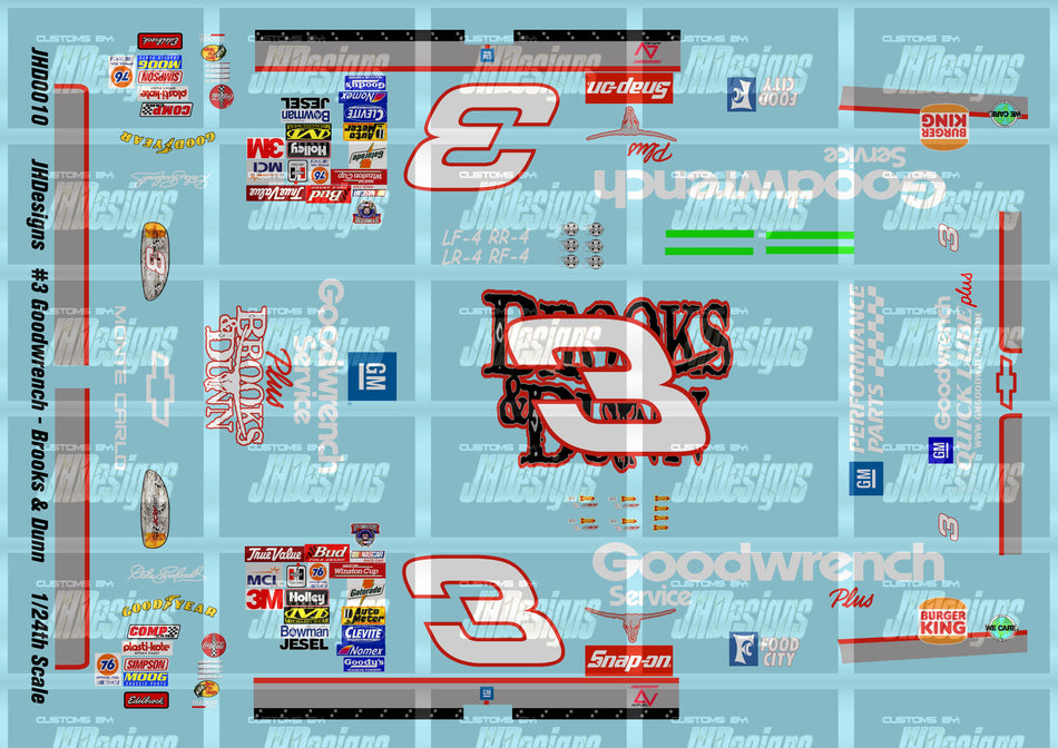 JH Designs Dale Earnhardt 1998 CUP #3 Goodwrench - Brooks & Dunn 1:24 Racecar Decal Set