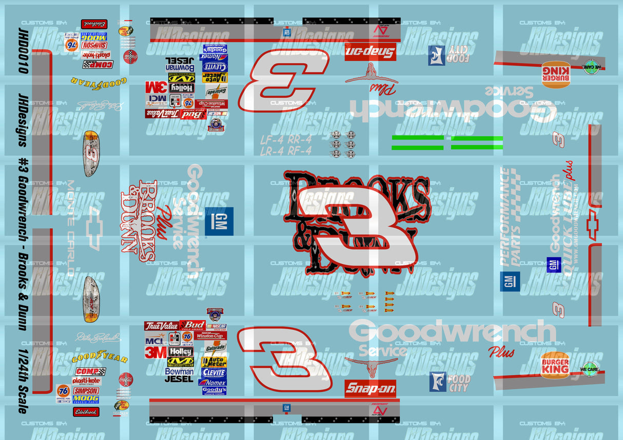 JH Designs Dale Earnhardt 1998 CUP #3 Goodwrench - Brooks & Dunn 1:24 Racecar Decal Set