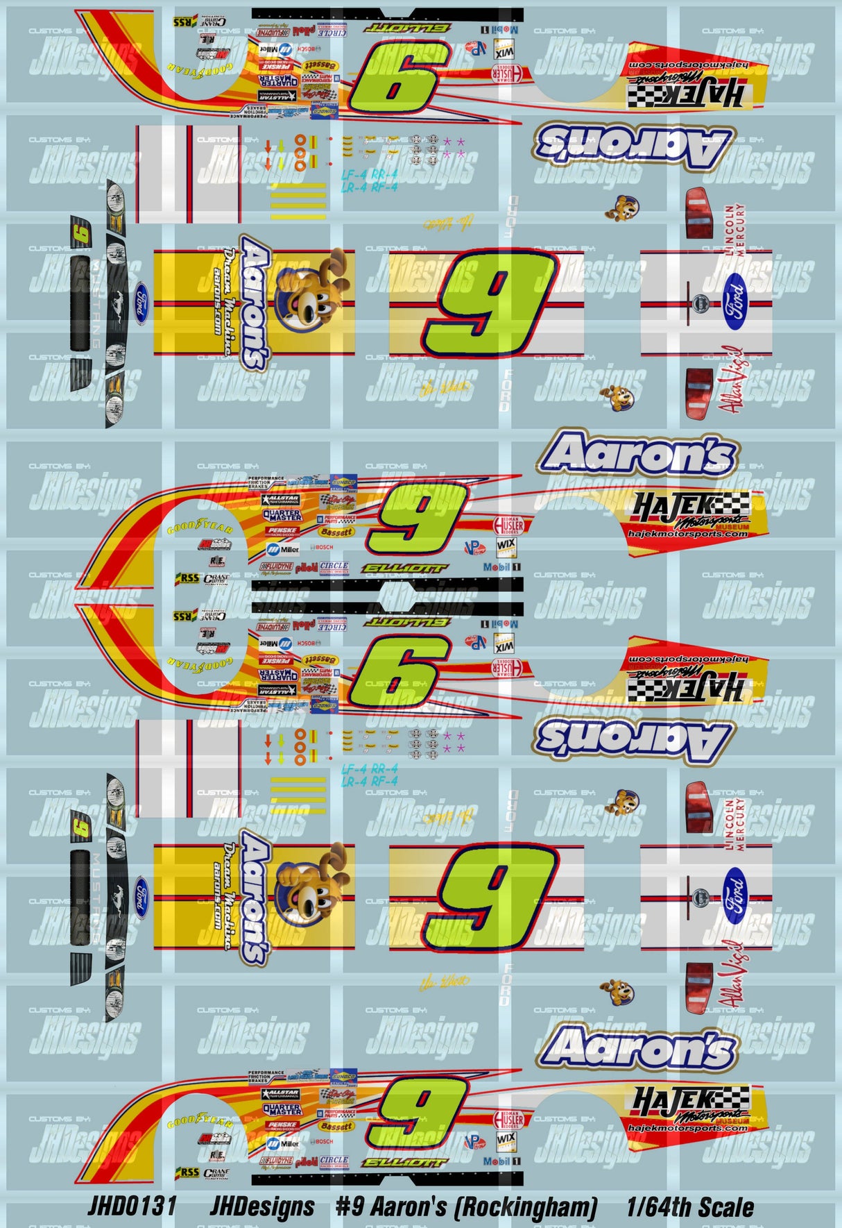 JH Designs Chase Elliott 2011 LMS #9 Aaron's (Rockingham) 1:64 Racecar Decal Set