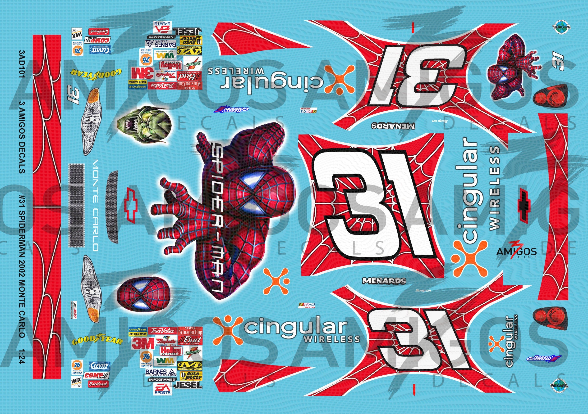 3 Amigos Decals Spiderman #31 2002 Monte Carlo Racecar Decal Set 1:24 ...
