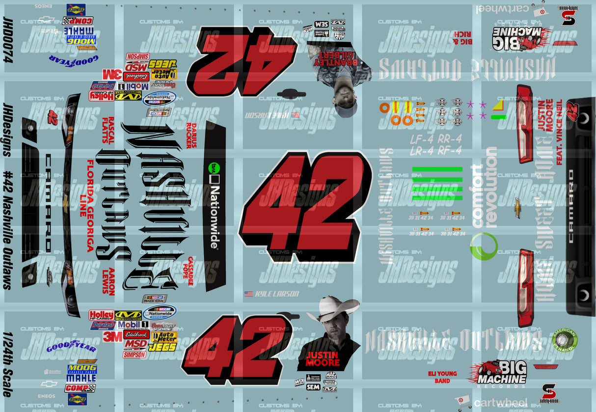 JH Designs Kyle Larson 2014 NWS #42 Nashville Outlaws 1:24 Racecar Decal Set