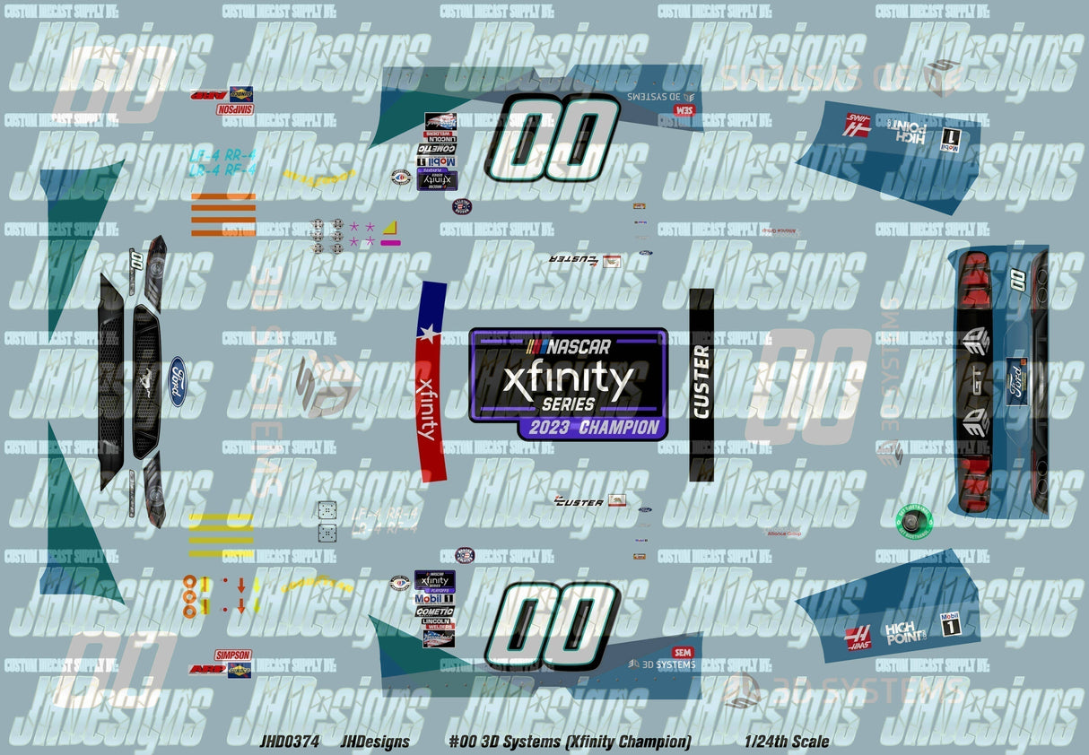 JH Designs Cole Custer 2023 NXS #00 3D Systems (Xfinity Series Champion) 1:24 Racecar Decal Set