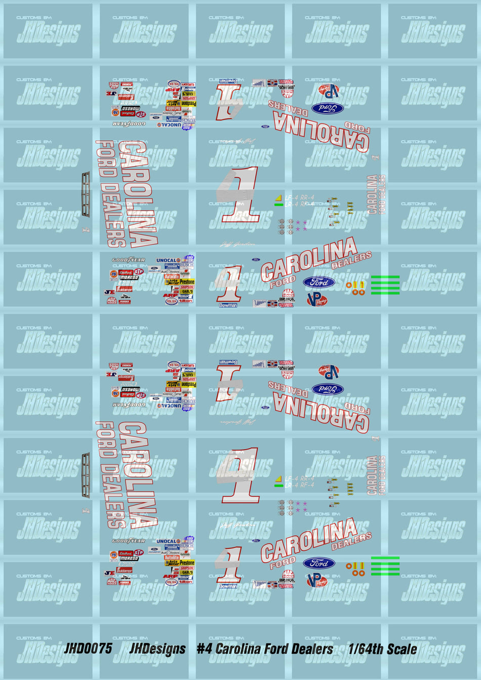 JH Designs Jeff Gordon 1991 NBS #4 Carolina Ford Dealers 1:64 Racecar Decal Set