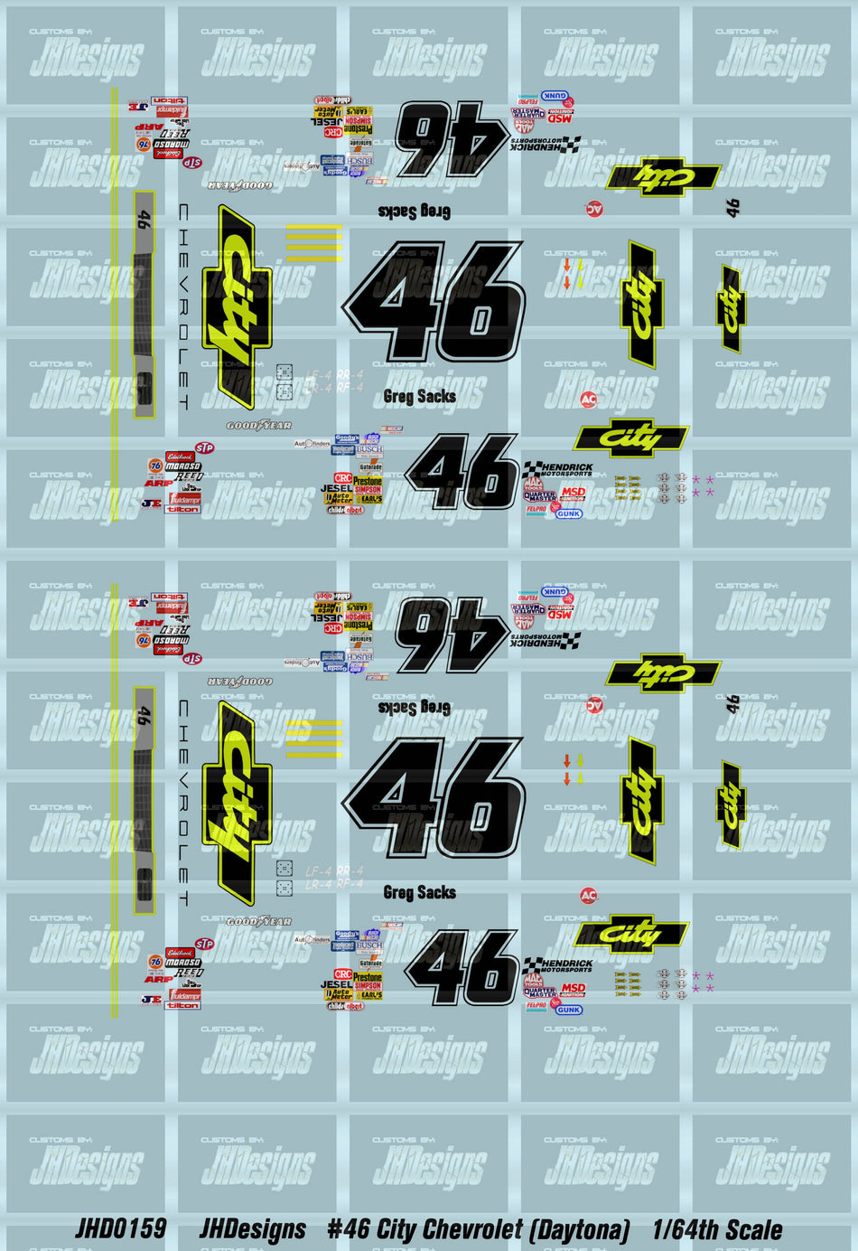 JH Designs Greg Sacks 1990 NBS #46 City Chevrolet (Daytona) 1:64 Racecar Decal Set