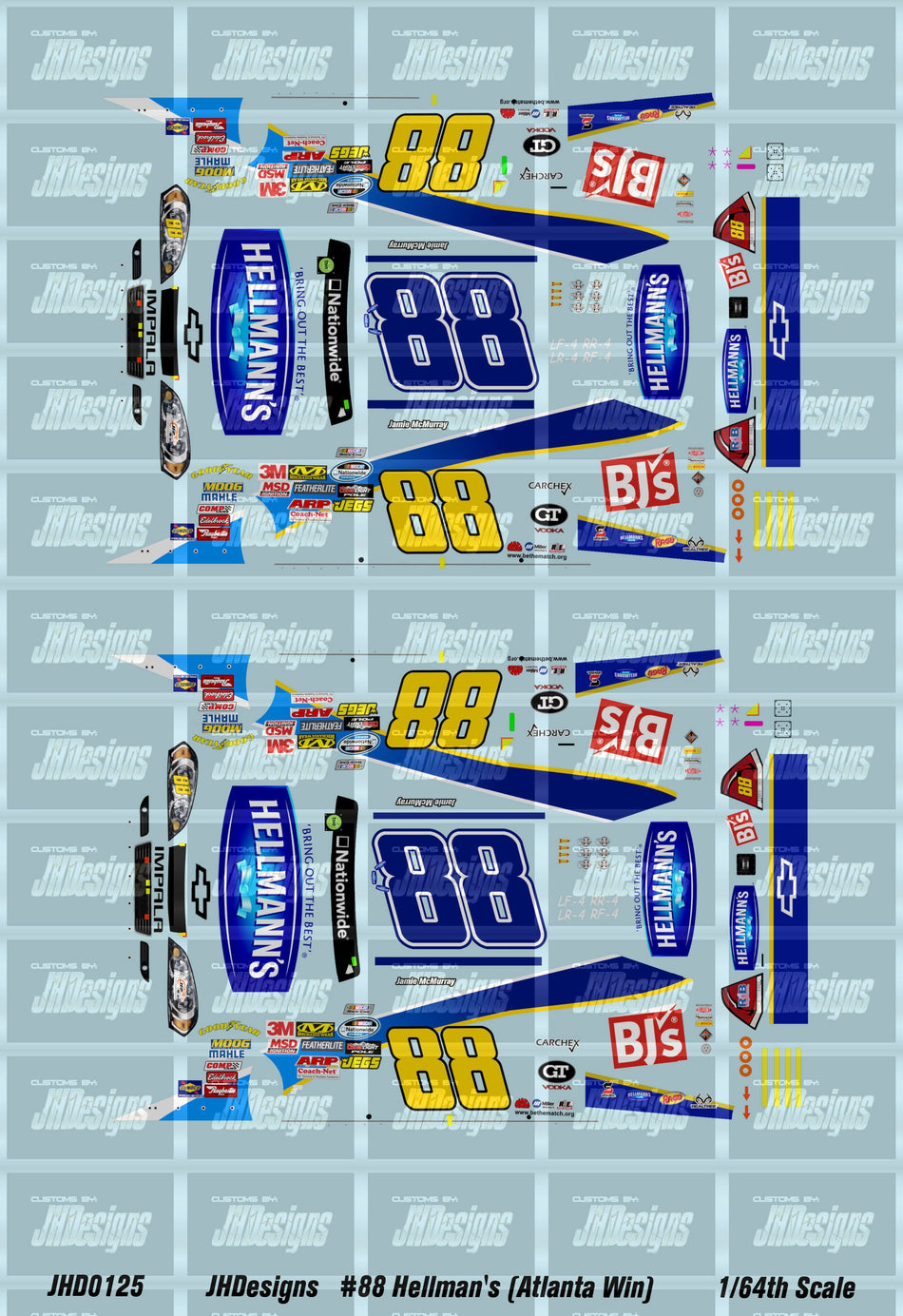 JH Designs Jamie McMurray 2010 NWS #88 Hellmann's - BJ's (Atlanta Win) 1:64 Racecar Decal Set