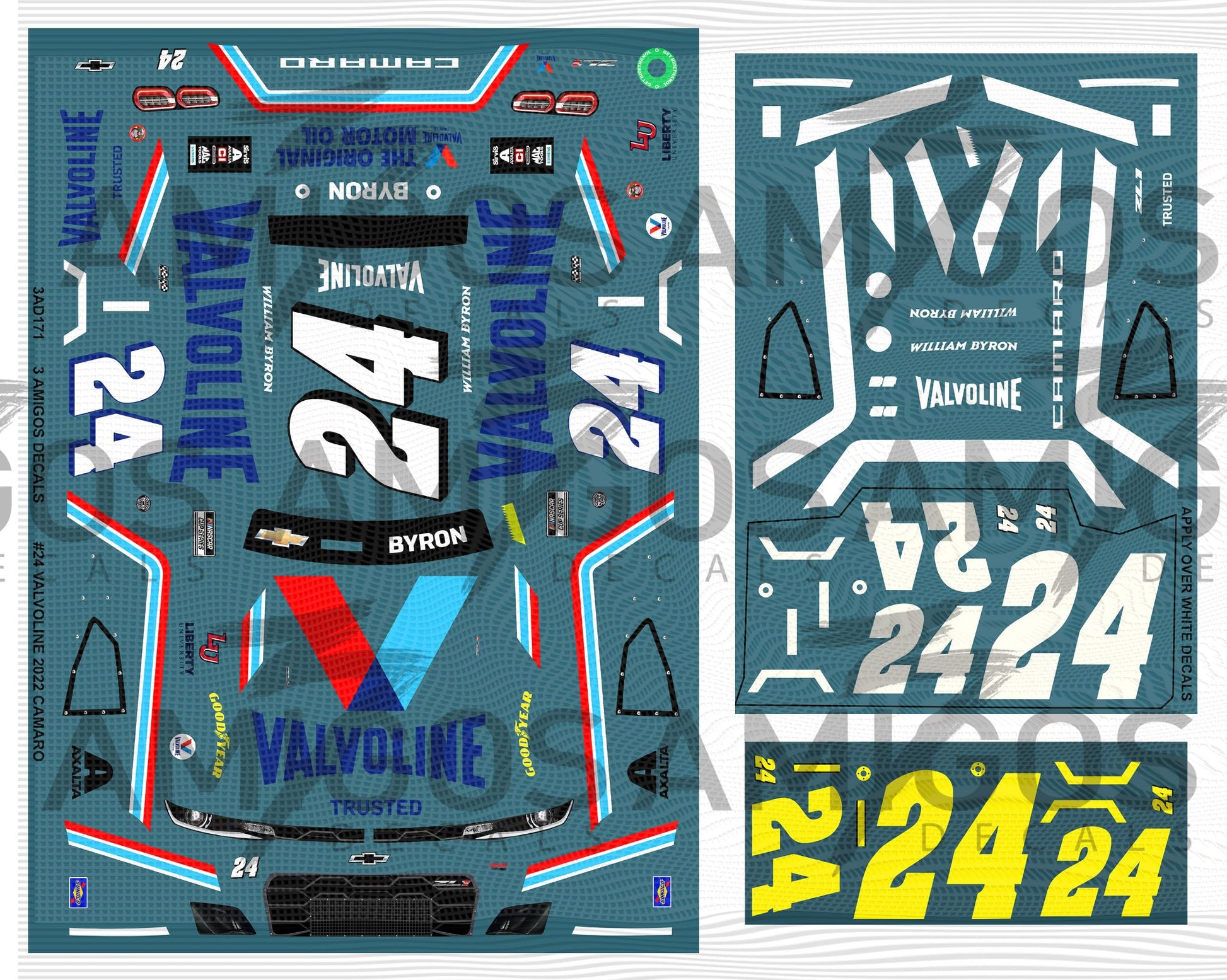3 Amigos Decals #24 VALVOLINE 2022 CAMARO NEON YELLOW Decal Set – Print ...