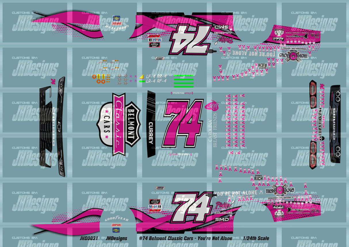 JH Designs Bailey Currey 2020 NXS #74 Belmont Classic Cars - You're Not Alone 1:24 Racecar Decal Set