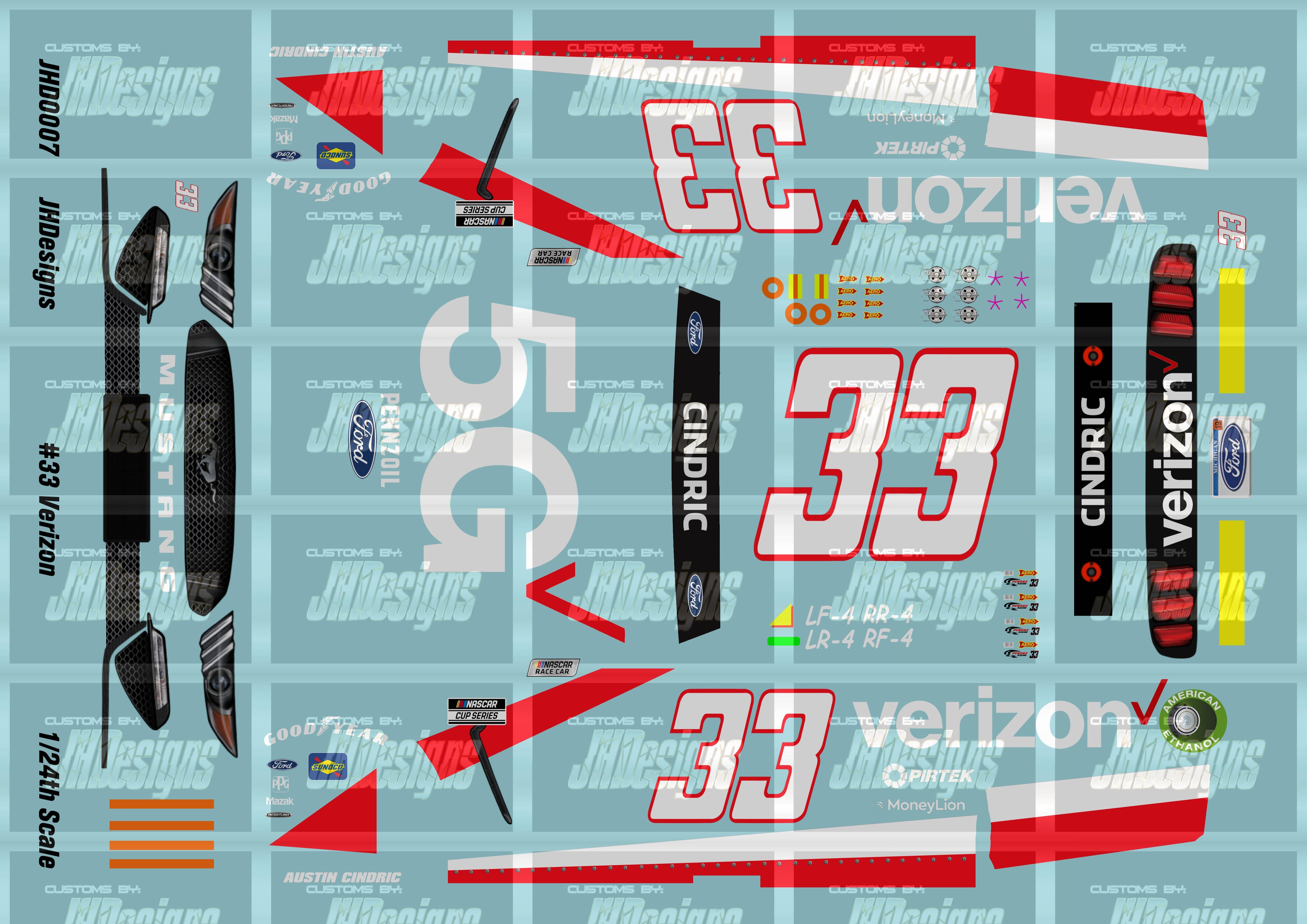 Austin Racing Decal Sticker JH Designs Austin Cindric 2021 CUP #33 Verizon 5G 1:24 Racecar Decal S ...