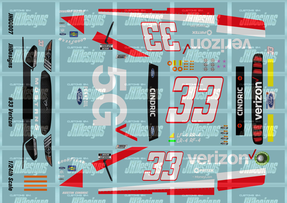 JH Designs Austin Cindric 2021 CUP #33 Verizon 5G 1:24 Racecar Decal Set