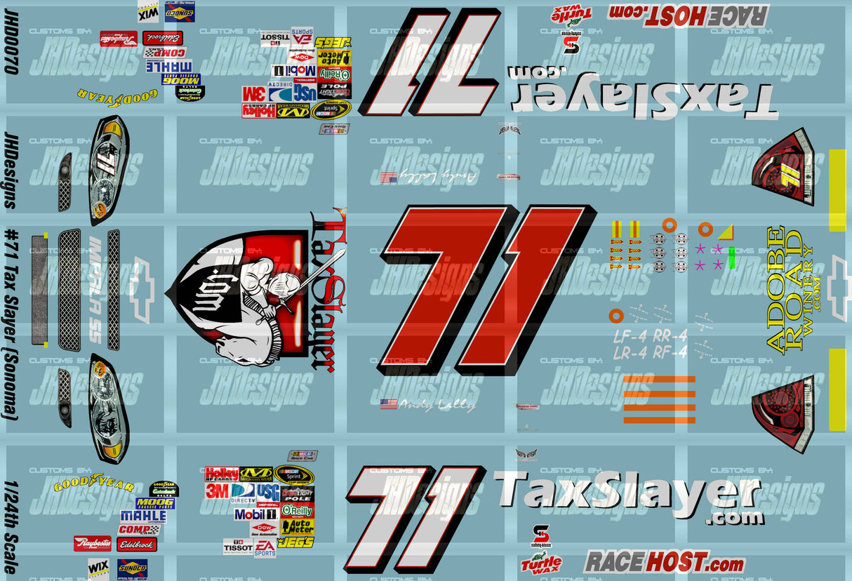 JH Designs Andy Lally 2009 CUP #71 Tax Slayers (Watkins Glen) 1:24 Racecar Decal Set