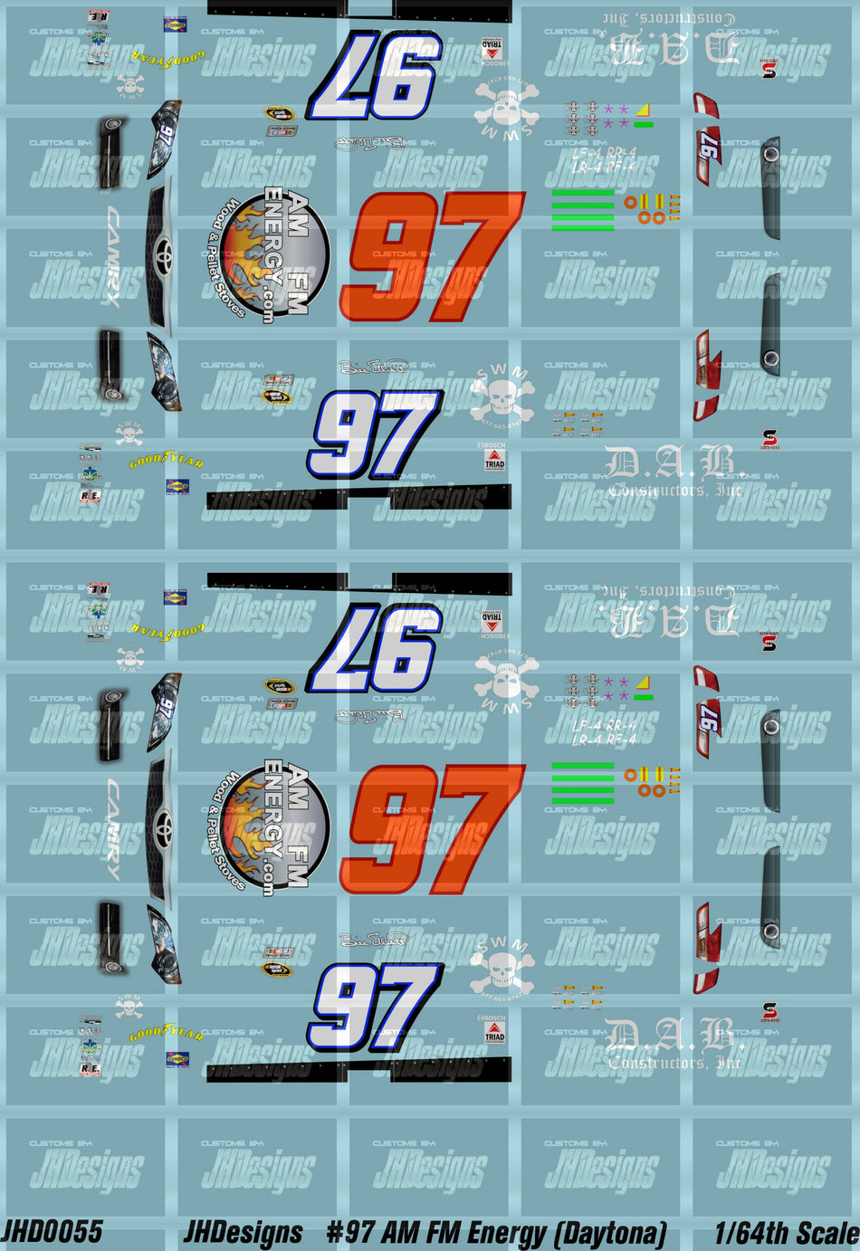 JH Designs Bill Elliott 2012 CUP #97 Am Fm Energy (Daytona Speedweeks) 1:64 Racecar Decal Set