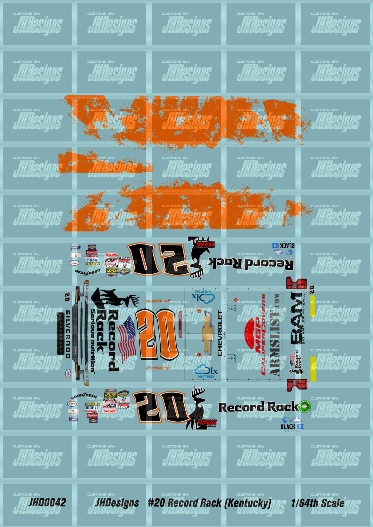 JH Designs Spencer Boyd 2019 GMTS #20 Record Rack (Kentucky Race Version) 1:64 Racecar Decal Set