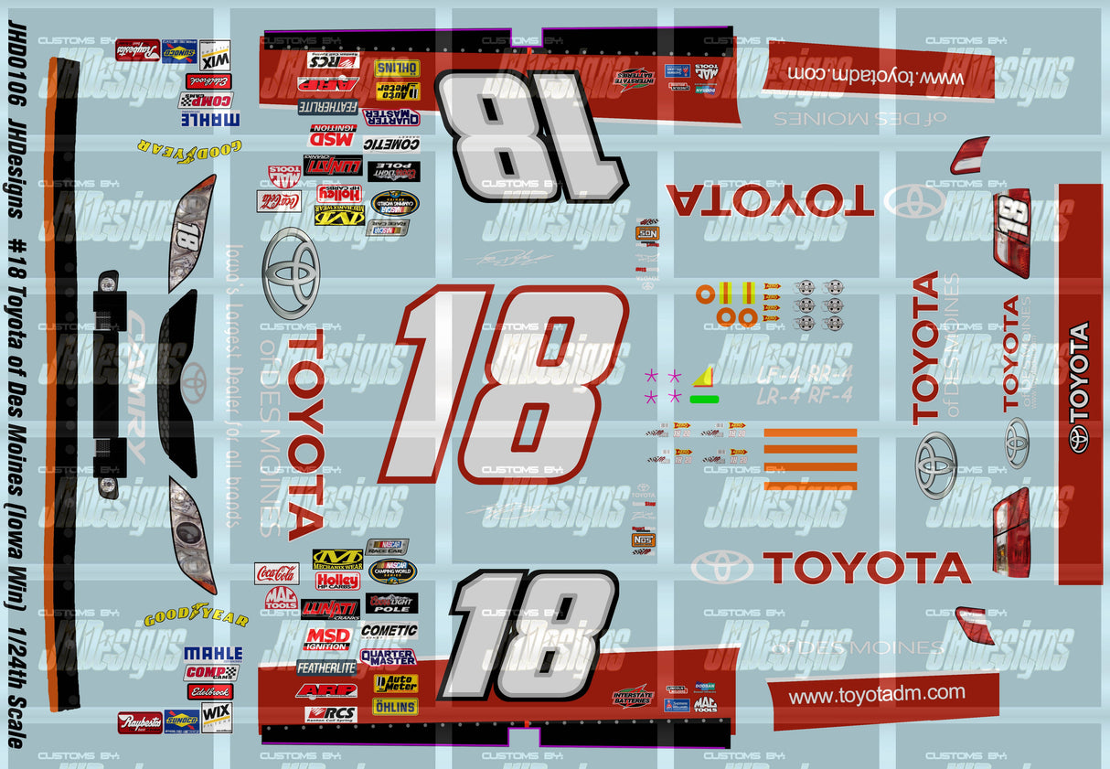 JH Designs Kyle Busch 2008 CWE #18 Toyota of Des Moines (Iowa Win) 1:24 Racecar Decal Set