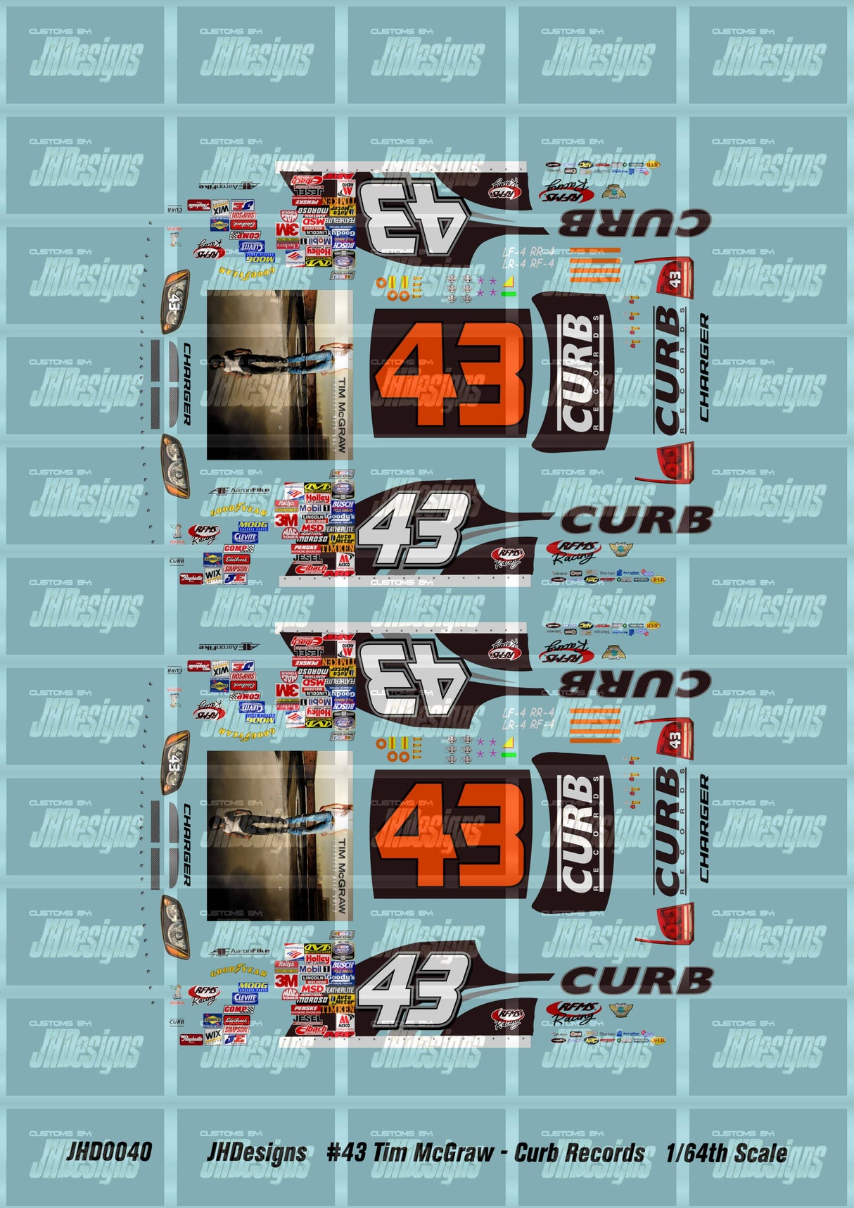 JH Designs Aaron Fike 2006 NBS #43 Tim McGraw - Curb Records 1:64 Racecar Decal Set