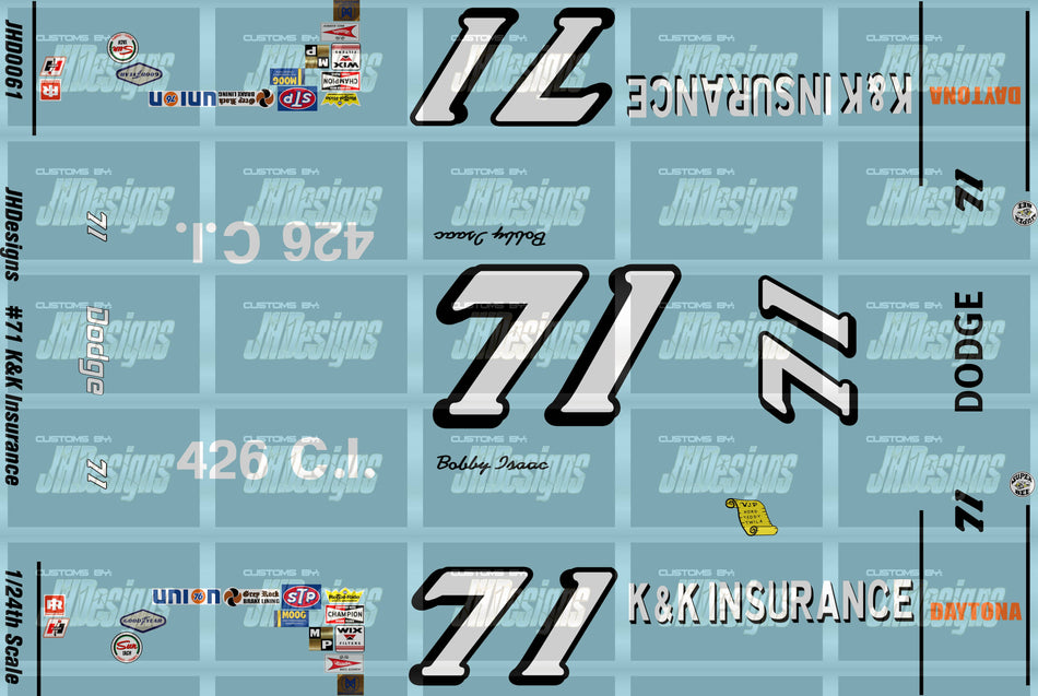 JH Designs Bobby Isaac 1970 CUP #71 K&K Insurance (Series Champion) 1:24 Racecar Decal Set