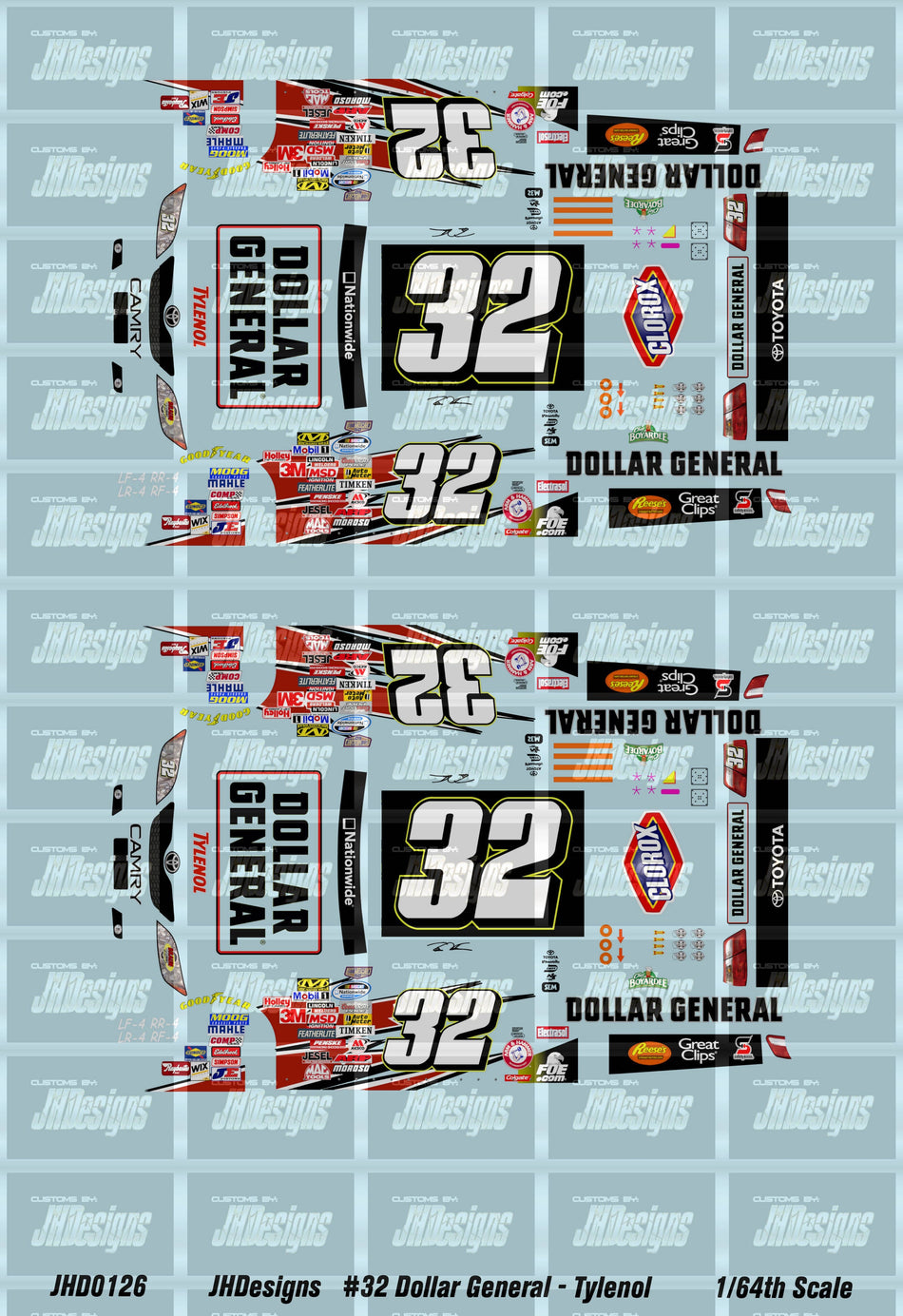 JH Designs Brian Vickers 2008 NWS #32 Dollar General - Tylenol 1:64 Racecar Decal Set