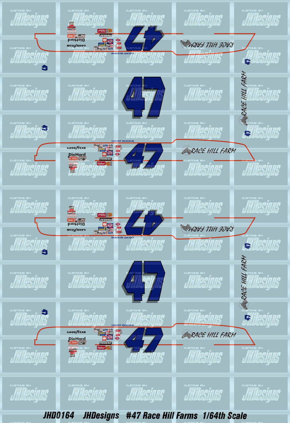 JH Designs Geoff Bodine 1979 CUP #47 Race HIll Farms 1:64 Racecar Decal Set