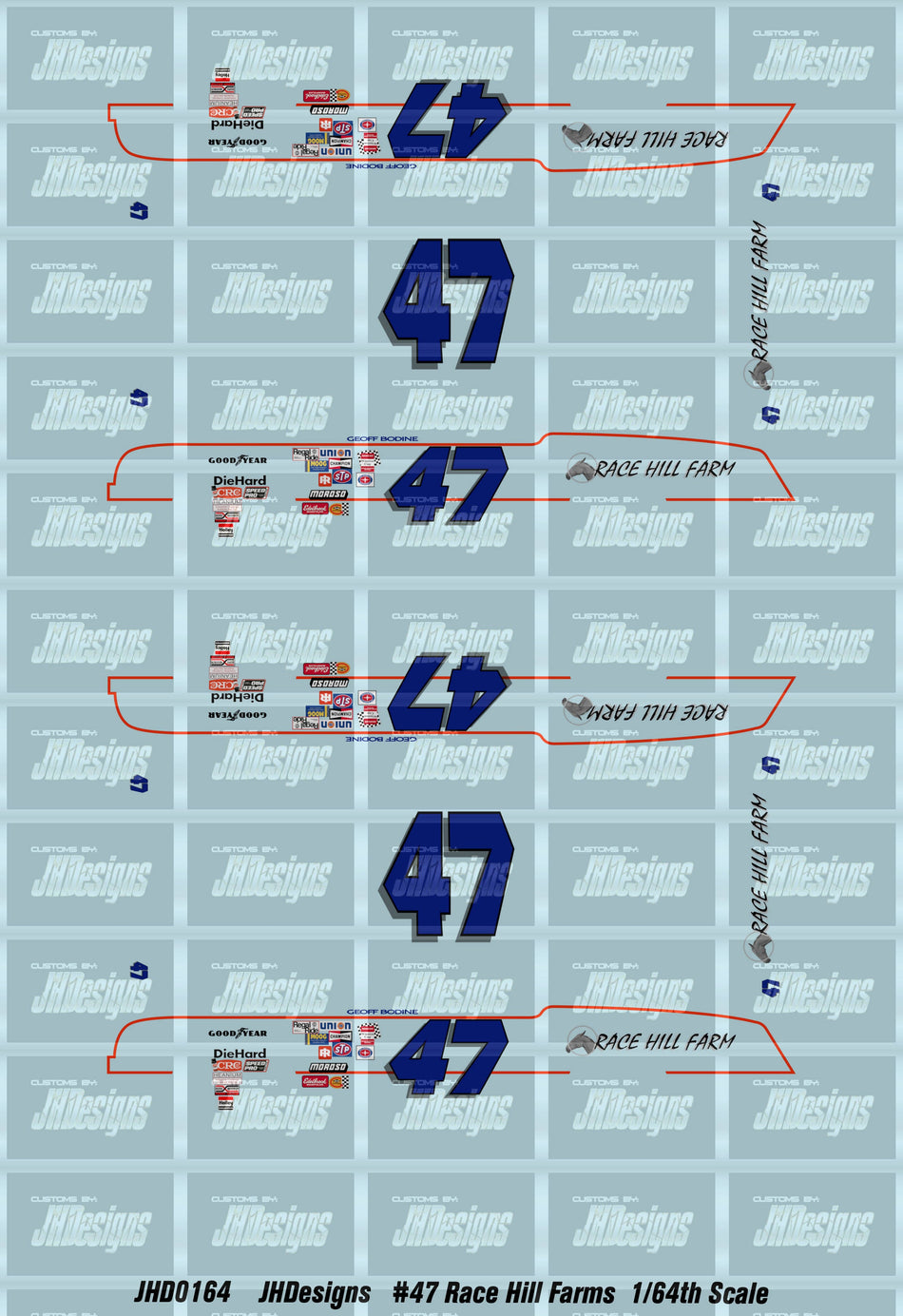 JH Designs Geoff Bodine 1979 CUP #47 Race HIll Farms 1:64 Racecar Decal Set