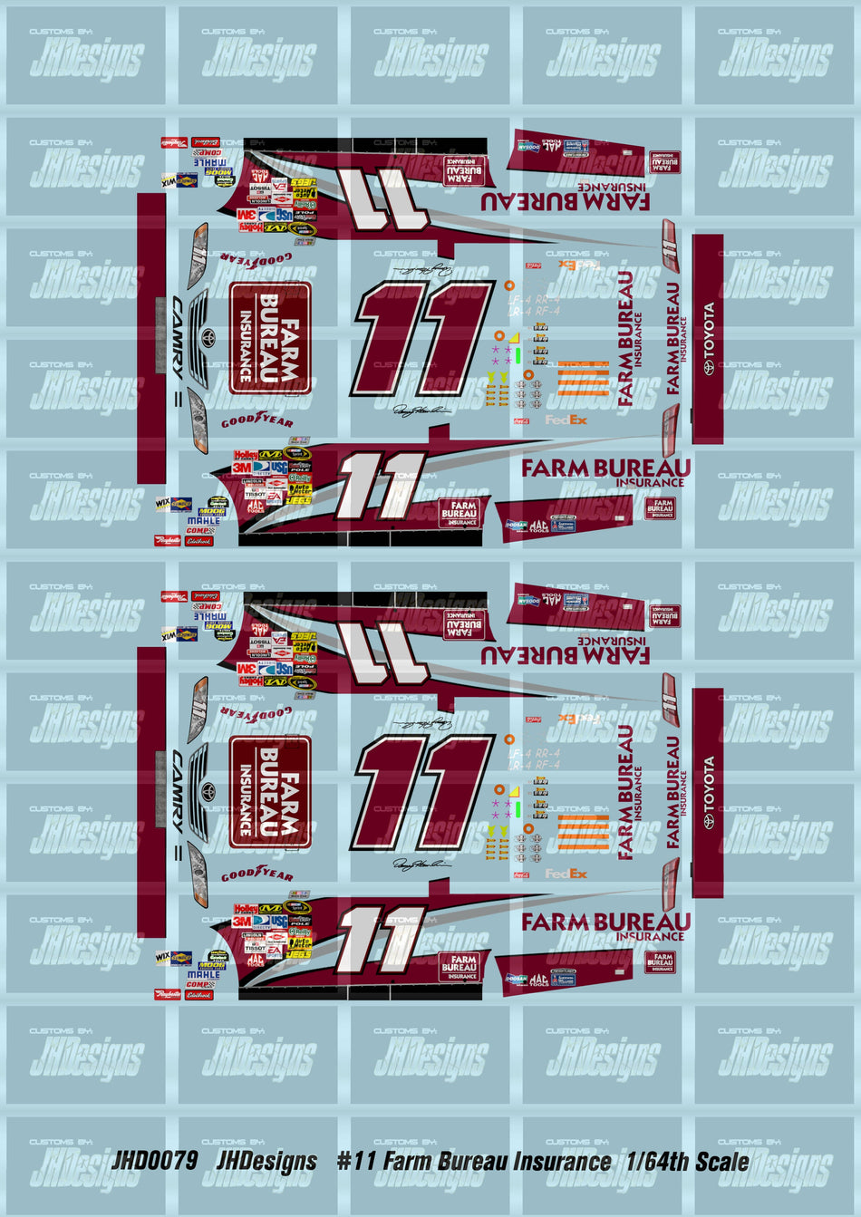 JH Designs Denny Hamlin 2009 CUP #11 Farm Bureau 1:64 Racecar Decal Set