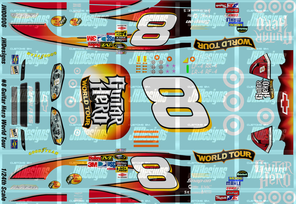 JH Designs Aric Almirola 2009 CUP #8 Guitar Hero World Tour 1:24 Racecar Decal Set