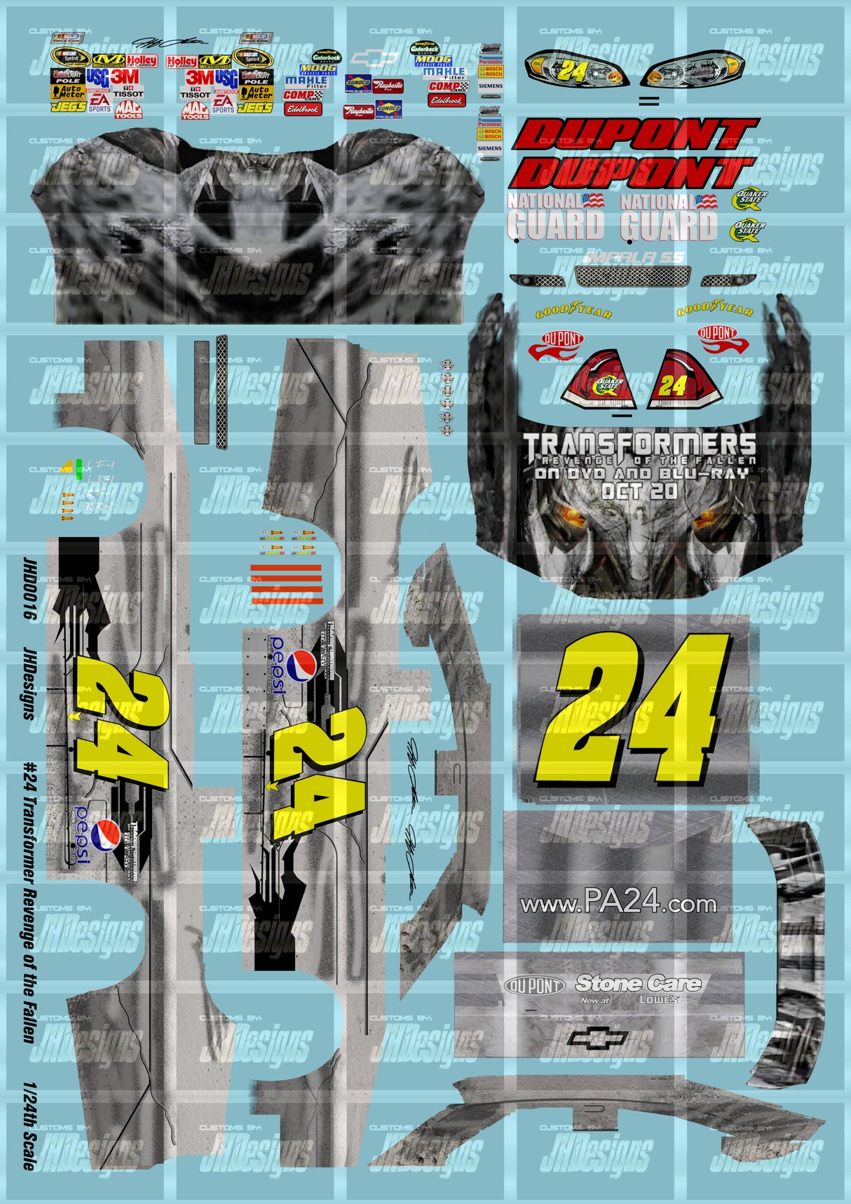 JH Designs Jeff Gordon 2009 CUP #24 Transformer Revenge of the Fallen 1:24 Racecar Decal Set