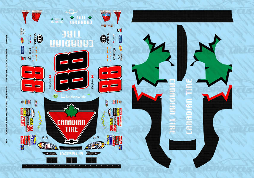 Millersport Customs 2010 Ron Fellows Canadian Tire Nationwide Series Chevy Impala 1/24 Decal Set