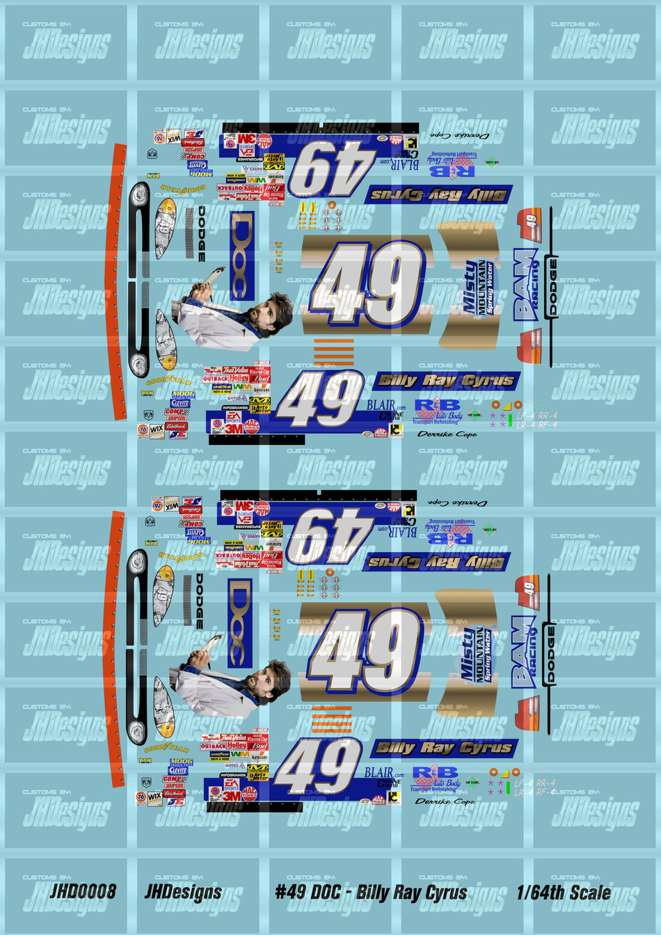 JH Designs Derrike Cope 2002 CUP #49 Doc - Billy Ray Cyrus 1:64 Racecar Decal Set