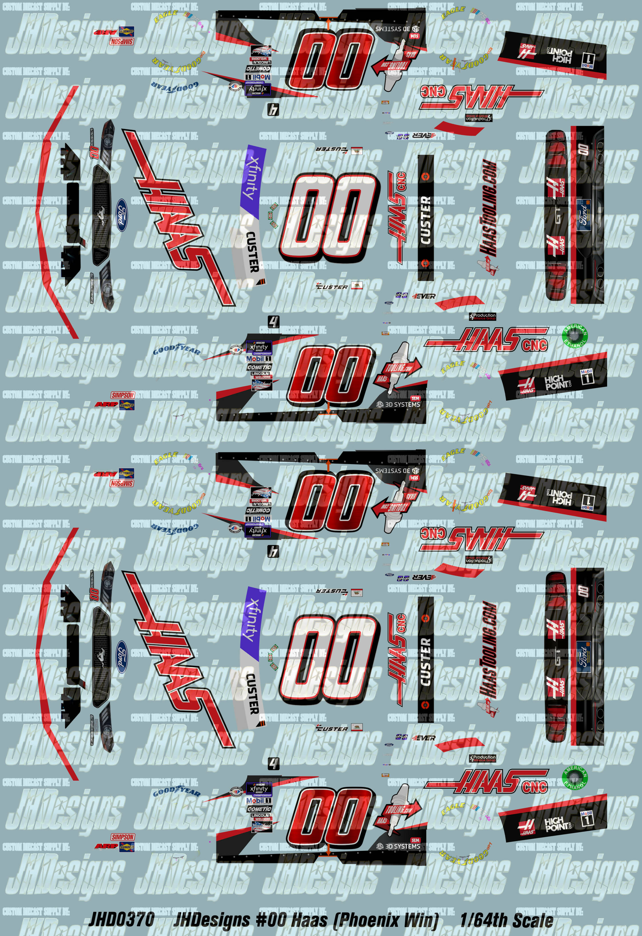 Win Decal JH Designs Cole Custer 2023 NXS #00 Haas CNC (Phoenix Race Win) 1:64 R ...