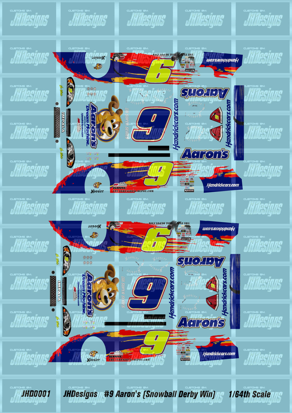 JH Designs Chase Elliott 2011 LMS #9 Aaron's (Snowball Derby Win) 1:64 Racecar Decal Set