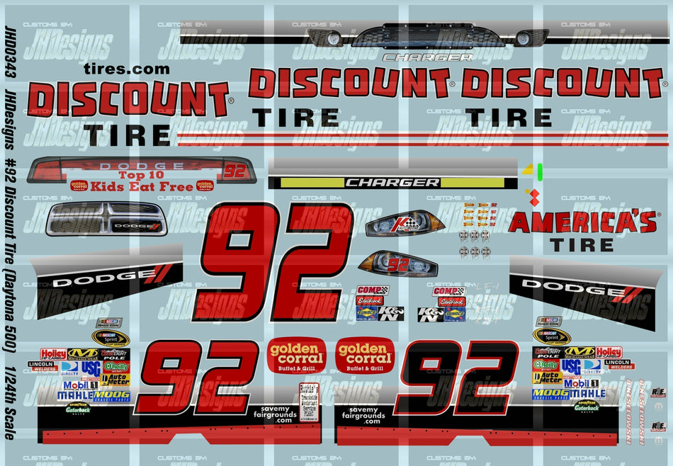 JH Designs Brian Keselowski 2011 CUP #92 Discount Tire (Daytona 500) 1:24 Racecar Decal Set