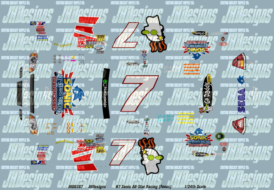 JH Designs Danica Patrick 2012 NWS #7 Sonic All-Star Racing (Texas) 1:24 Racecar Decal Set