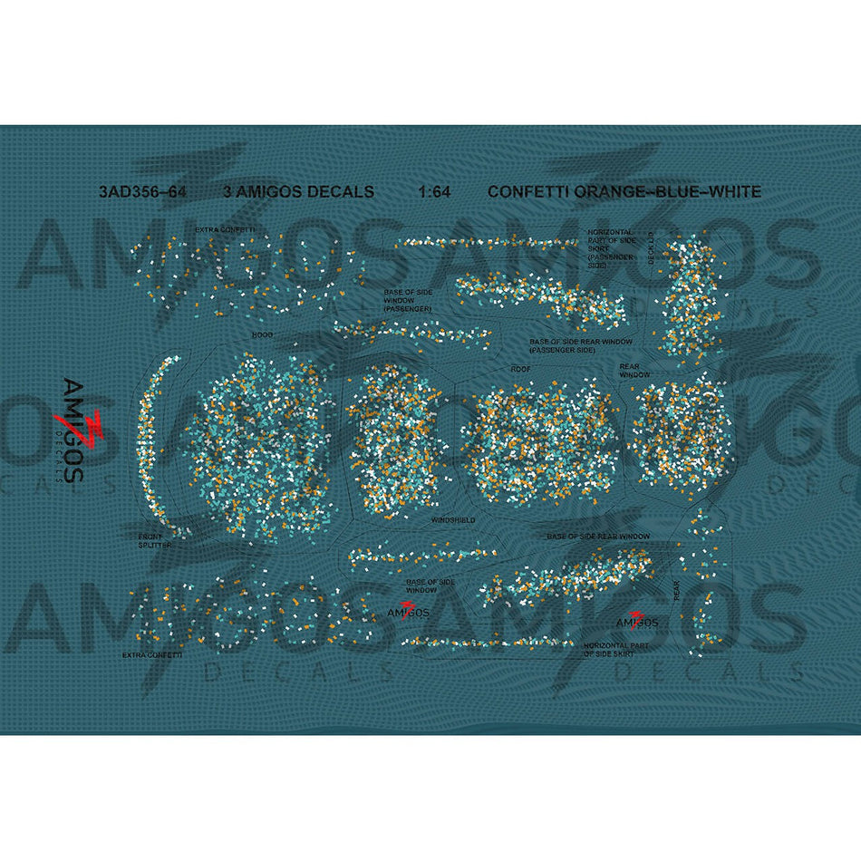 1:64 3 Amigos Decals CONFETTI ORANGE, BLUE, WHITE Decal Set 1:64