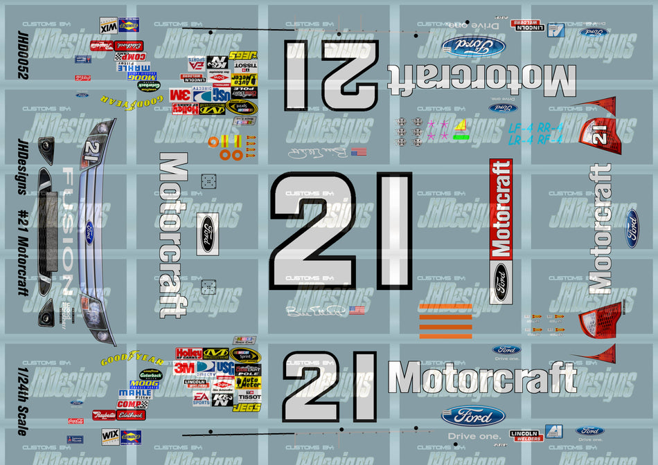 JH Designs Bill Elliott 2009 CUP #21 Motorcraft 1:24 Racecar Decal Set